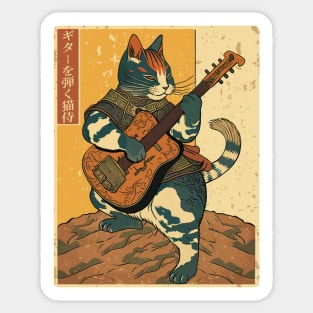 Samurai Cat Playing The Electric Guitar Sticker